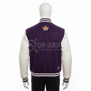 Veste universitaire violette pour homme avec broderie couronne sur le dos, coupe classique, pour l'automne, veste brodée style letterman pour homme - Product Image 6