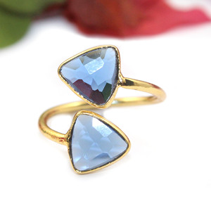 Diseño antiguo piedra de tanzanita trillón forma hidro cuarzo doble piedra 24K chapado en oro bisel ajuste anillo ajustable joyería - Product Image 2