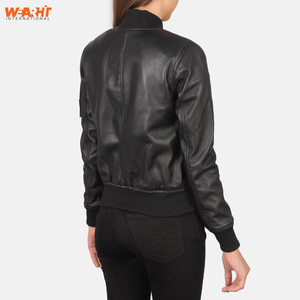 Manteau d'hiver pour femmes en cuir d'agneau noir véritable veste Bomber col montant fermeture éclair coupe ajustée vêtements d'extérieur Style de rue respirant - Product Image 3
