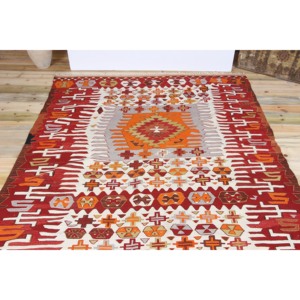 Turkish Vintage Rug, 5.8x14.5 ft <b>Runner</b> Rug, <b>Red</b> Kilim Geometric Rug - Product Image 4