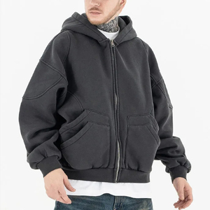 Vente en gros Streetwear à double poches avec fermeture éclair Sweats à capuche en coton épais surdimensionné avec épaules tombantes personnalisé Sweat à capuche zippé pour hommes - Product Image 5