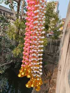White Pink Pom Pom Garland With Bell <strong>Strings</strong> Decorative <strong>Backdrop</strong> for Weddings Festivals Parties Home Temple Christmas Decor - Product Image 4