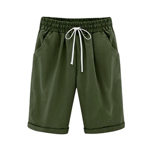 Shorts Bermuda en coton vert uni pour homme avec cordon de serrage à la taille et poches, décontractés, respirants, mi-longs - Product Image 1