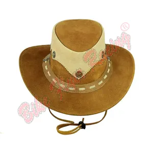 Cowboy Hat - Tan Color - Handmade with 100% Cowhide Leather Cowboy Style Adjustable String XL Outdoor Unisex Leather Hats