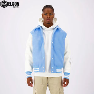 American Street Wear Fashionable High Quality Leather Sleeve Panel Zipper Buttons Breathable Men's Varsity Jacket For Sale - Product Image 1