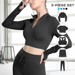 Ensemble de vêtements de sport pour femmes en cinq pièces, solide, recyclable, pour la salle de sport, le yoga, la remise en forme, l'entraînement, haut sans manches, veste à manches longues, soutien-gorge de sport - Product Image 6