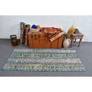 Alfombra Turca Vintage, Alfombra Decorativa de 2.7x6.2 pies, Alfombra de Lana con Diseño de Camuflaje Azul Verde - Product Image 2