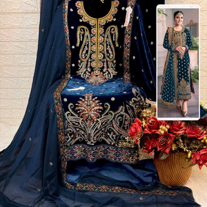 Elegante shalwar kameez de terciopelo bordado con un dupatta bordado en chinon y una parte inferior de santoon suave y duradera. - Product Image 1