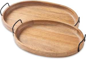 Plateau de service en bois de noyer de qualité supérieure, ensemble de 2 pièces avec poignées en métal, plateau à café brun, plateau en bois décoratif pour la maison et la cuisine - Product Image 2