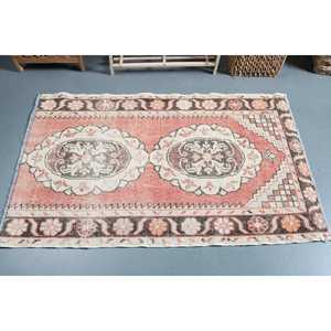 Vintage Rug, Small 2.9x4.8 ft Turkish Rug, <b>Red</b> White Striped <b>Wool</b> Rug - Product Image 3