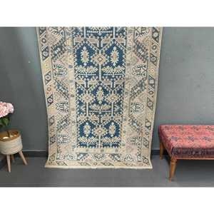 พรมวินเทจขนาด 4x6.6 ฟุต พรมตุรกี พรมลายต้นไม้และพืชสีน้ำเงิน ทำจากขนสัตว์ - Product Image 1