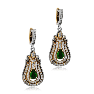 Diseño en forma de tulipán Esmeralda CZ piedra auténtico estilo otomano pendientes colgantes de plata al por mayor joyería turca hecha a mano - Product Image 3