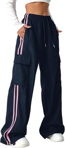 <b>Women</b> High Waist Wide <b>Leg</b> Pants Drawstring <b>Straight</b> Trousers Side Stripe Casual Cargo <b>Jogger</b> Trousers for Autumn Winter - Product Image 2