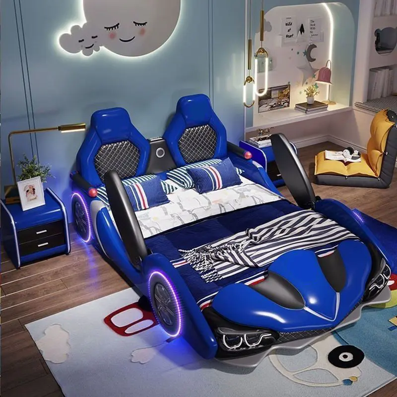 Muebles de dormitorio modernos Cama de estudiante tamaño King Altavoz inalámbrico Cama de coche de carreras Diseño de súper torno con puertas