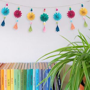 Boho Mini Paper Fan With Pom Pom Garland <strong>Tassels</strong> Multicolor Festive Decor Eye-Catching Unique Design Party Nursery Home Decor - Product Image 1