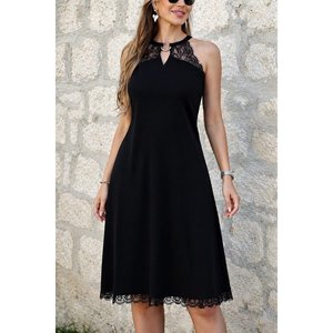 Robe mi-longue en viscose pour femme, épaules dénudées, avec détail anneau et dentelle, 36361 - Noir - Product Image 1