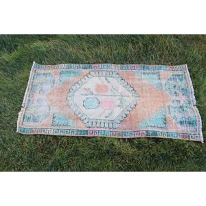 Alfombra Vintage de 1.8x3.8 pies, Alfombra Turca Pequeña, Alfombra de Lana con Borde Azul - Product Image 4