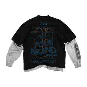 Custom High Quality Double <b>Layered</b> Long Sleeves Screen Printed T Shirt 100% Cotton Rhinestone <b>Top</b> Selling Men's T Shirts - Product Image 2