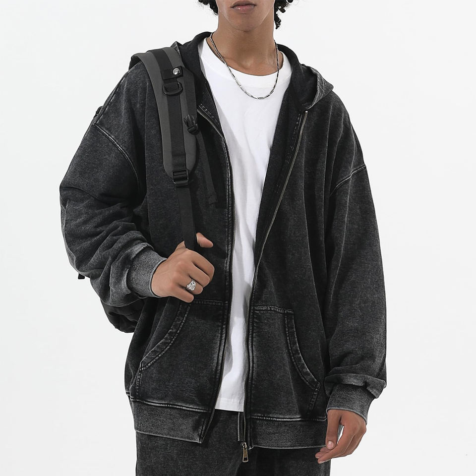 Wholesale Acid Wash Men's Zip Up Hoodies High Quality Heavyweight Oversized Vintage Style Zipper Hoodie In Low Moq