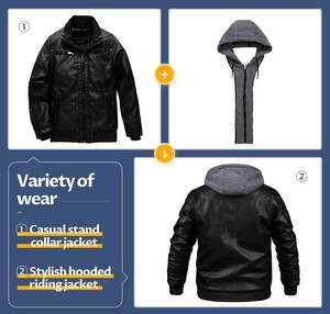 Veste en similicuir pour hommes, veste de moto imperméable et coupe-vent en PU, blouson à capuche vintage avec capuche amovible - Product Image 4
