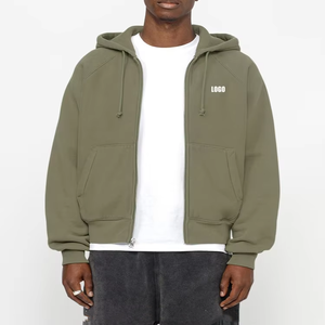 Vert Olive Hiver Full Zip Hoodie Tricoté Solide Motif Technique Lavée avec Cordon de Serrage - Product Image 3