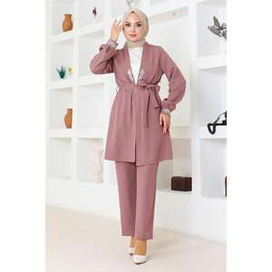 MSW19203-3 Ensemble 2 pièces décontracté avec détails roses et pierres, hauts mi-longs à col rond 100% polyester - Product Image 3