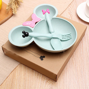 Juego de alimentación de paja de trigo con forma de Animal, <span class=keywords><strong>Mickey</strong></span> <span class=keywords><strong>Mouse</strong></span>, incluye plato, cuchara, tenedor, venta al por mayor - Product Image 3