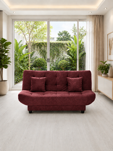 Sofá Cama Minimalista Tapizado en Terciopelo Color Granate, Convertible, con Mechones, Tela Roja, para Sala de Estar, Apartamento, Villa u Oficina - Product Image 1