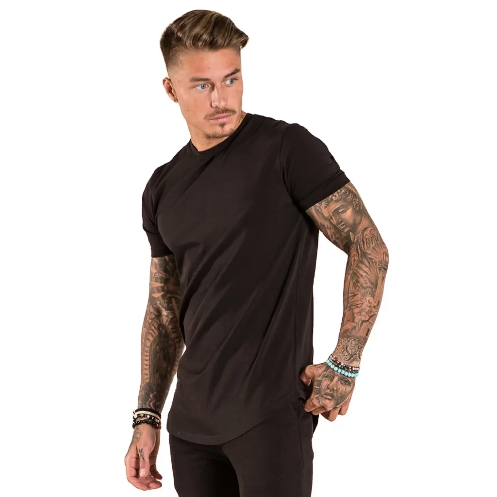 Wholesale Custom 100% Cotton Men's Slim Fit Tee shirt Longer drop Curved Hem Round Neck Muscle Fitness Men Gym T shirt