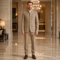 Jas Pria Warna Camel Tan Bergaris Kerah Mandarin Lima Kancing Saku Tempel Lipat Manset Turnback Jas Bisnis Pria Custom MTM