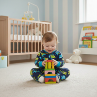 Combinaison bébé monstre extraterrestre à la mode, bleu marine, imprimé intégral, pyjama à pieds, fermeture éclair |   Semelles antidérapantes en tricot doux (0-2 ans)