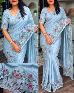 Dernière tenue de créateur Fancy Trending Tusser Best Cotton Saree With Multi Thread Embroidery Cutwork & Boaring Work Woman Fashion - Product Image 3