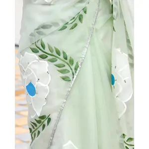 Sari en organza vert pistache peint à la main, léger et ample, taille unique, idéal pour les soirées estivales formelles pour femmes - Product Image 4