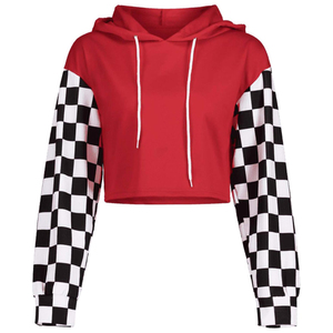 Sudadera roja recortada personalizada de moda con mangas a cuadros Jersey Streetwear con capucha con cordón - Product Image 1