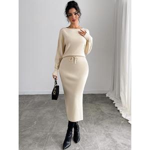 Women's Printed Boatneck Knit <b>Top</b> and Side-Slit Midi Skirt Set - Product Image 4