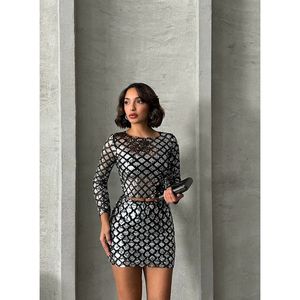 TOPSHOW Women's Elegant <b>Silver</b> Sequined Blouse, Shimmering Long Sleeve Party <b>Top</b>, Wholesale Polyester Glitter Blouse - Product Image 3