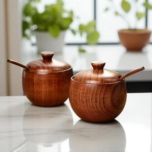 Salero de madera de primera calidad, caja de especias de madera, tarros de especias de bambú con tapa, cuchara, almacenamiento de sal para cocina casera - Product Image 4