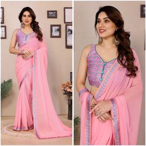 Chemisier en satin Georgette et dentelle avec motif floral Impression numérique Saree quatre saisons écologique pour toutes les occasions - Product Image 1