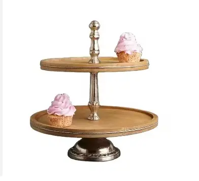 Dure Kwaliteit Houten Ronde Caketribune Met Metalen Gouden Afwerking Ring Handvat & Stand Base Cupcake & Dessert Houder