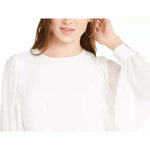 Camicetta da donna bianca tinta unita con ricamo in pizzo, in tessuto popeline, taglia XL - Top formale lungo con collo alla coreana e maniche a volume - Product Image 2