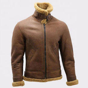 High Quality <b>Men's</b> Slim <b>Aviator</b> Real Shearling Brown Sheepskin <b>Leather</b> Winter Outdoor Flight Bomber <b>Jacket</b> with Front Design - Product Image 3