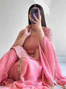 Women Ethnic Traditional Wedding Party Suit Faux Georgette Heavy Sequence Embroidery Work <b>Top</b> & Palazzo Lace Border Dupatta - Product Image 2