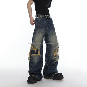 กางเกงยีนส์ทรงฮิปฮอปทรงหลวมสำหรับผู้ชายกางเกงยีนส์ระบายอากาศได้ดีขนาดใหญ่ออกแบบได้ตามต้องการ - Product Image 4