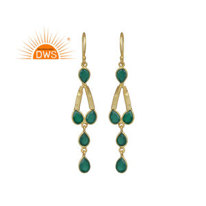 Best Selling Sterling Silver 18K Gold Plated Natural <b>Green</b> Onyx Gemstone Dangle Earring Demi Fine Jewelry Manufacturer - Product Image 1