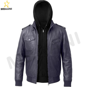 Blouson de moto en cuir d'agneau pour homme avec capuche amovible, cuir véritable, design coupe-vent, multi-poches - Product Image 1