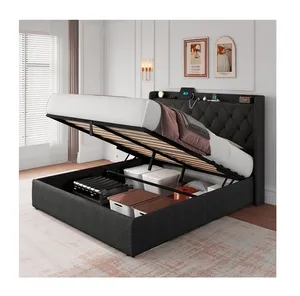 Estrutura de madeira para cama de quarto, porta e tomada USB de tamanho completo, estilo de design moderno, armazenamento sob a cama, iluminação LED RGB