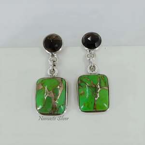 Pendientes Colgantes Finos de Plata de Ley 925 con Turquesa Verde y Cuarzo Ahumado, Gemas Naturales Dobles, Joyería Boho Hecha a Mano, Única - Product Image 6