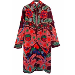 Red Velvet Embroidered Long <b>Jacket</b> for Ladies Quilted Varsity Boho Styles Reversible Stand <b>Suede</b> Leather for Autumn Winter - Product Image 1
