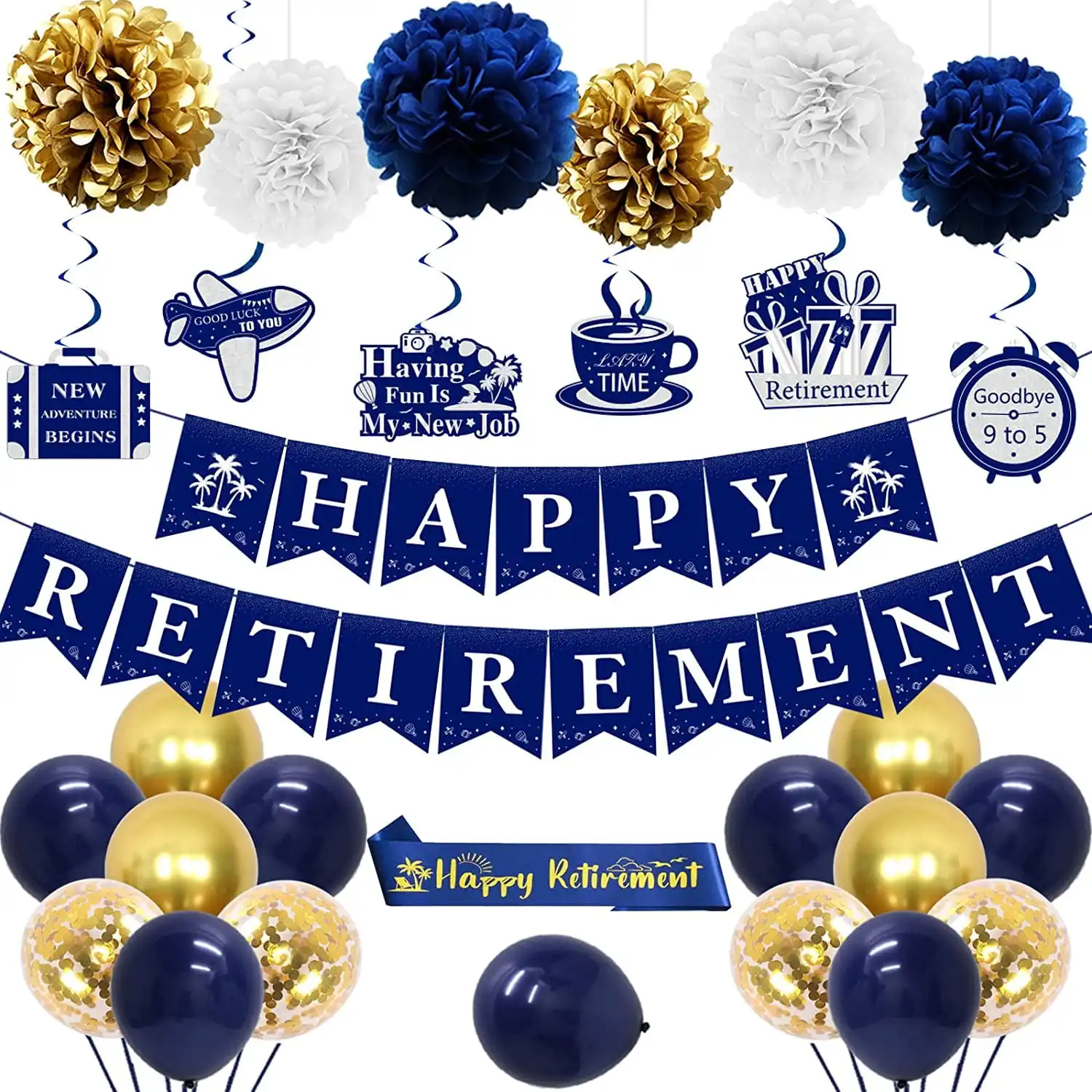 Happy Retirement Partyแบนเนอร์บอลลูนกระดาษPompomsแขวนSwirlsจี้สีฟ้าทองเกษียณอายุตกแต่งอุปกรณ์ชุด