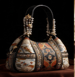 Luxurious pearl-handled <b>satchel</b> with vintage tapestry patterns. Regal charm. Available at wholesale prices - Product Image 1